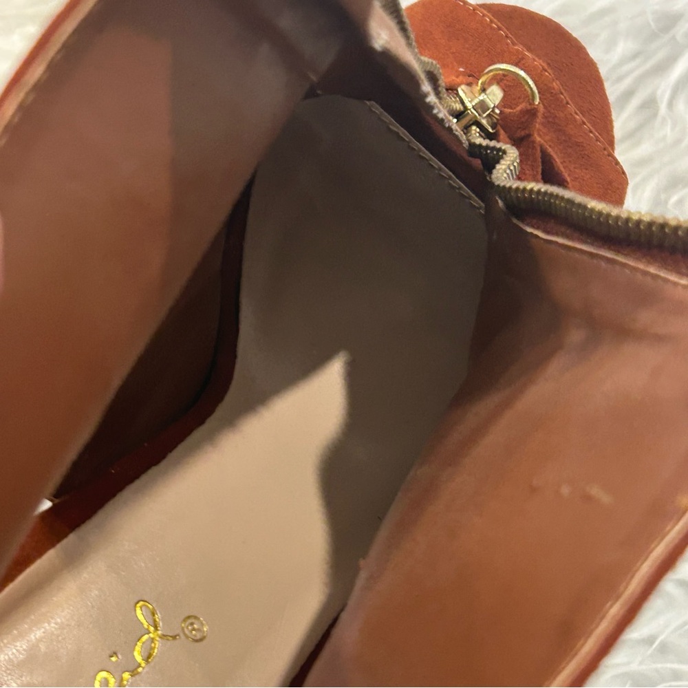Qupid Women’s Brown Booties Faux Suede Boots Open Toe Tassels Stacked Heel 6 - Picture 10 of 13